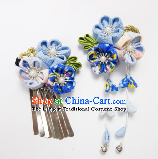 Japanese Traditional Geisha Kimono Hair Accessories Japan Yukata Blue Sakura Tassel Hair Claws for Women