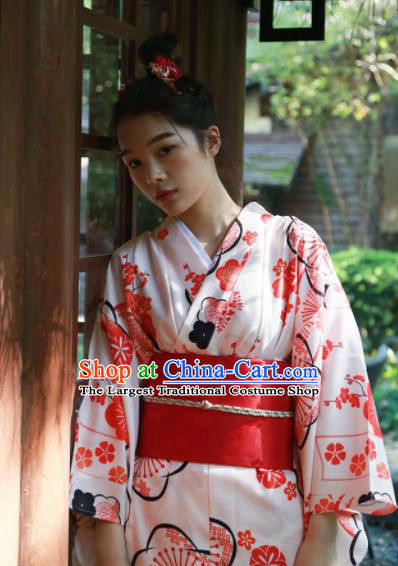 Japanese Classical Printing White Kimono Asian Japan Traditional Costume Geisha Yukata Dress for Women