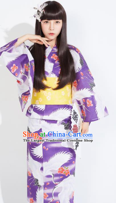 Japanese Classical Printing Cranes Purple Yukata Dress Asian Japan Traditional Costume Geisha Furisode Kimono for Women