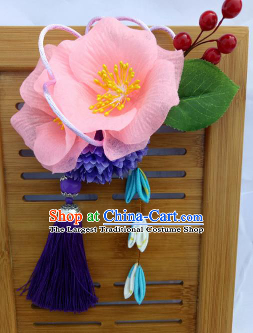 Japanese Traditional Geisha Kimono Hair Accessories Japan Yukata Pink Flowers Tassel Hair Claws for Women