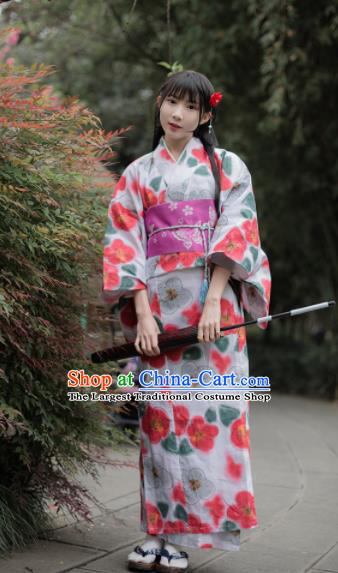 Japanese Classical Printing Sakura White Kimono Asian Japan Traditional Costume Geisha Yukata Dress for Women