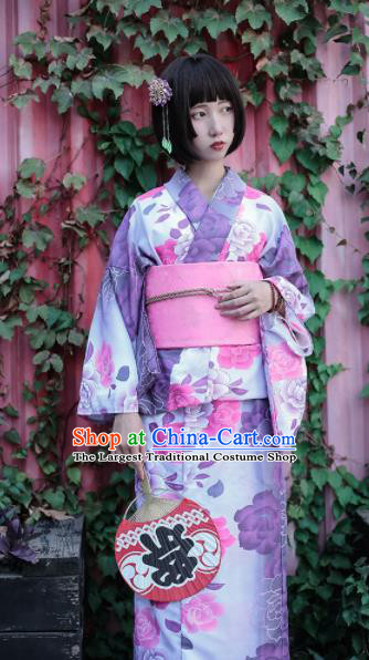 Japanese Classical Printing Peony Purple Furisode Kimono Asian Japan Traditional Costume Geisha Yukata Dress for Women