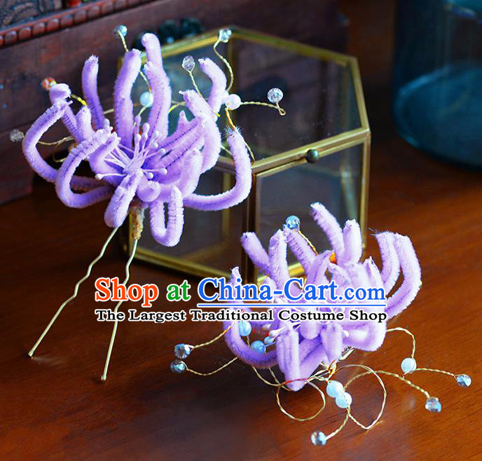 Traditional Chinese Ancient Palace Purple Velvet Chrysanthemum Hair Clip Hairpins Handmade Wedding Hair Accessories for Women