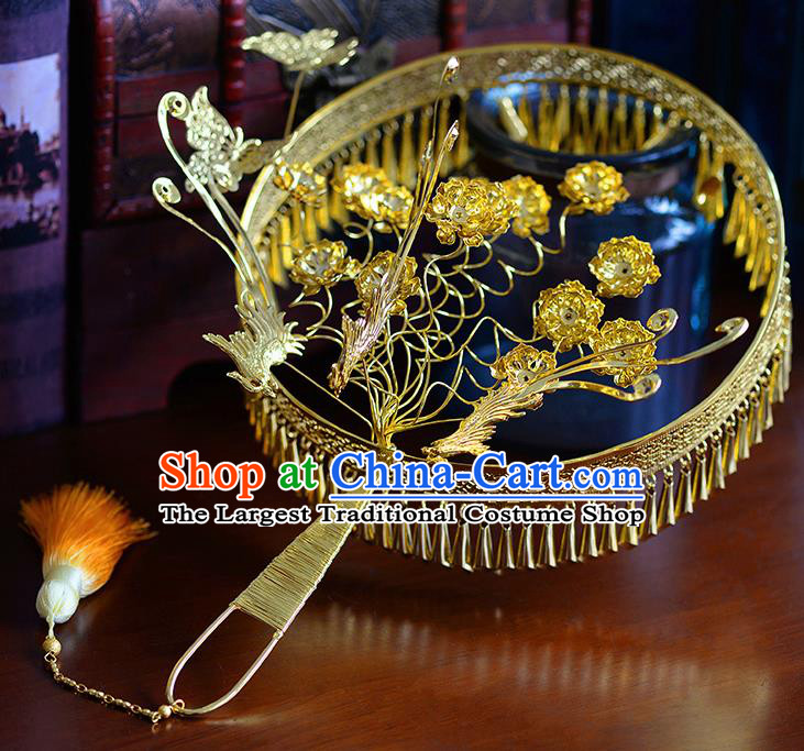 Traditional Chinese Ancient Golden Tassel Palace Fans Handmade Wedding Accessories Fans for Women