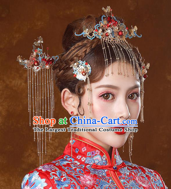 Traditional Chinese Ancient Bride Tassel Hairpins Cloisonne Phoenix Coronet Handmade Wedding Hair Accessories for Women