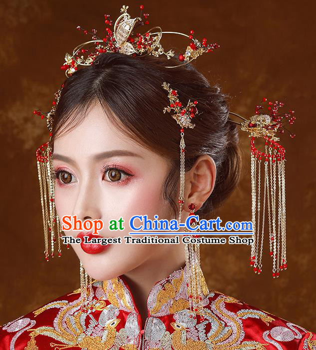 Traditional Chinese Ancient Bride Tassel Hairpins Butterfly Hair Comb Handmade Wedding Hair Accessories for Women