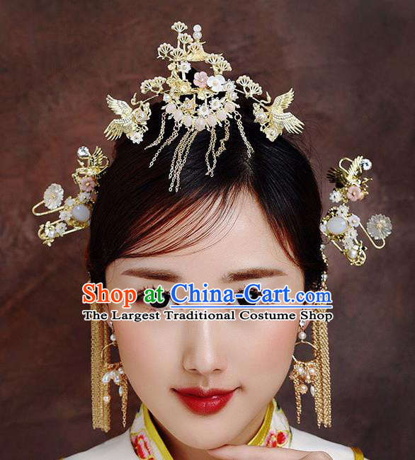 Traditional Chinese Ancient Bride Tassel Hairpins Crane Pine Hair Crown Handmade Wedding Hair Accessories for Women