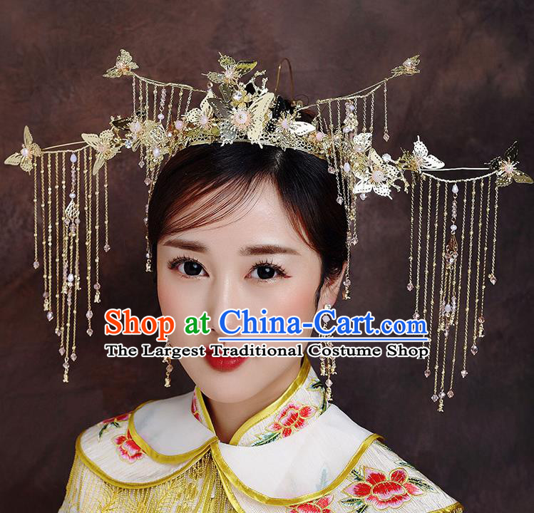 Traditional Chinese Ancient Bride Hairpins Butterfly Tassel Phoenix Coronet Handmade Wedding Hair Accessories for Women