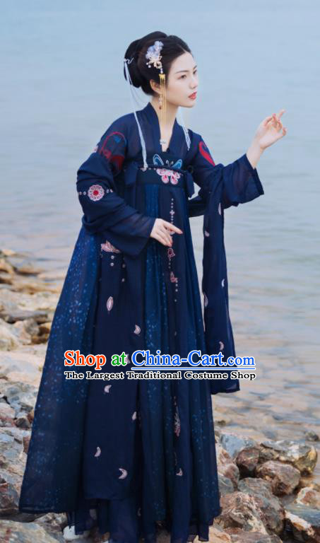 Ancient Chinese Tang Dynasty Court Princess Historical Costume Traditional Palace Dance Navy Hanfu Dress for Women