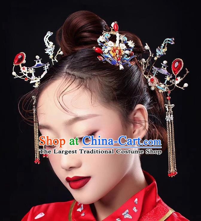 Traditional Chinese Ancient Cloisonne Phoenix Hair Crown Bride Hairpins Handmade Wedding Hair Accessories for Women