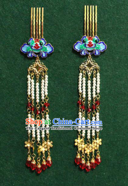 Traditional Chinese Ancient Palace Cloisonne Lotus Hair Comb Tassel Hairpins Handmade Wedding Hair Accessories for Women