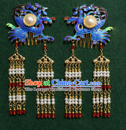 Traditional Chinese Ancient Palace Cloisonne Phoenix Hair Comb Tassel Hairpins Handmade Wedding Hair Accessories for Women