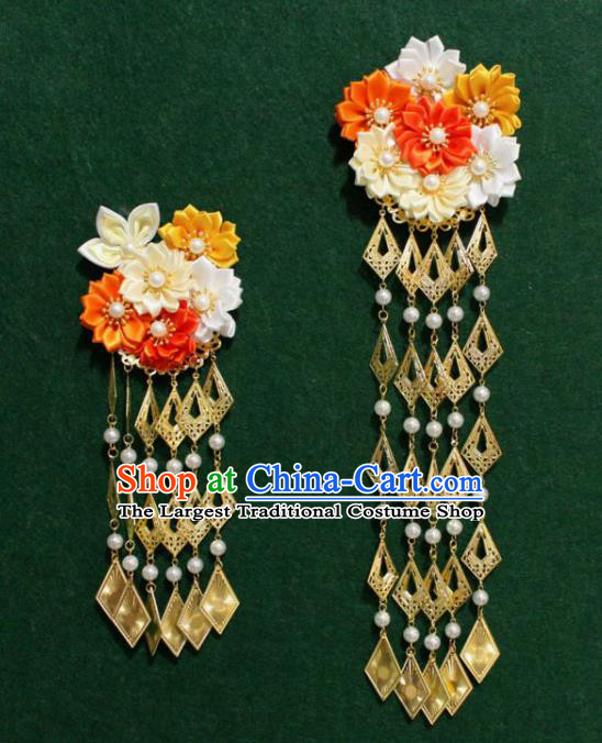 Traditional Chinese Ancient Tang Dynasty Palace Flowers Hair Claw Golden Tassel Hairpins Handmade Wedding Hair Accessories for Women