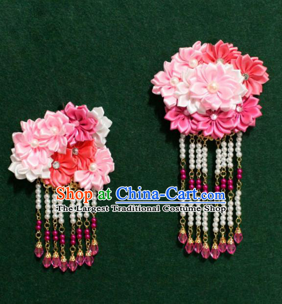 Traditional Chinese Ancient Tang Dynasty Palace Pink Flowers Hair Claw Beads Tassel Hairpins Handmade Wedding Hair Accessories for Women