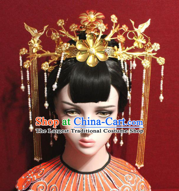 Traditional Chinese Ancient Queen Hanfu Golden Flowers Phoenix Coronet Bride Hairpins Handmade Wedding Hair Accessories for Women