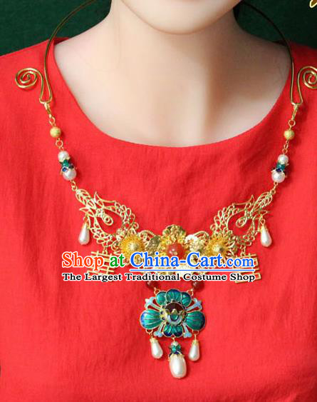 Traditional Chinese Ancient Palace Hanfu Golden Cloisonne Lotus Necklace Handmade Wedding Jewelry Accessories for Women