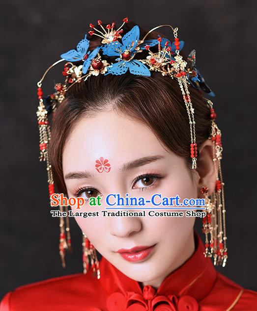 Traditional Chinese Ancient Hanfu Blue Butterfly Hair Crown Bride Hairpins Handmade Wedding Hair Accessories for Women