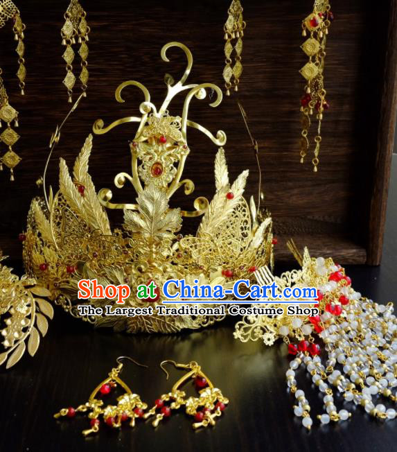 Traditional Chinese Ancient Bride Phoenix Coronet Tassel Hairpins Handmade Wedding Hair Accessories for Women