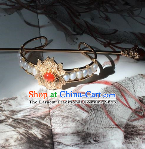 Traditional Chinese Ancient Princess Pearls Golden Hair Crown Hairpins Handmade Hanfu Hair Accessories for Women