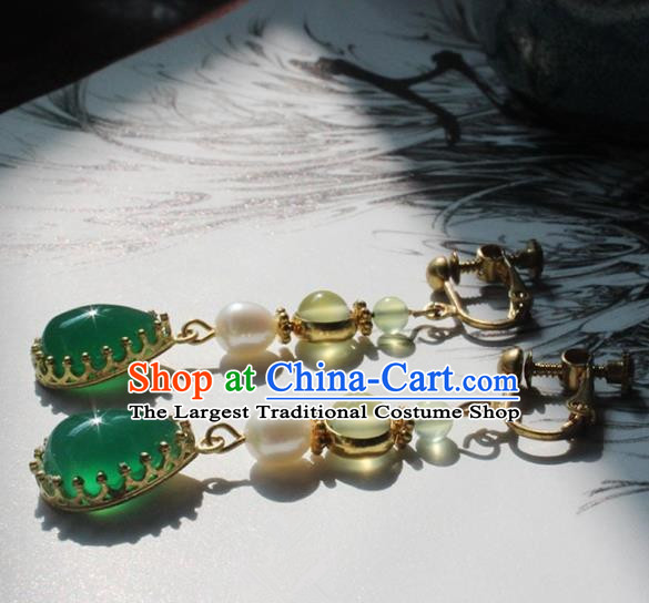 Handmade Chinese Ancient Princess Pearl Green Crystal Earrings Traditional Hanfu Jewelry Accessories for Women