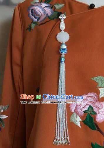 Traditional Chinese Ancient Palace Jade Brooch Handmade Hanfu Tassel Breastpin Pendant for Women