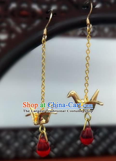 Traditional Chinese Ancient Wedding Hanfu Golden Crane Earrings Handmade Jewelry Accessories for Women