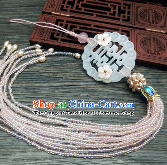 Traditional Chinese Ancient Wedding Jade Brooch Handmade Hanfu Palace Breastpin Tassel Pendant for Women