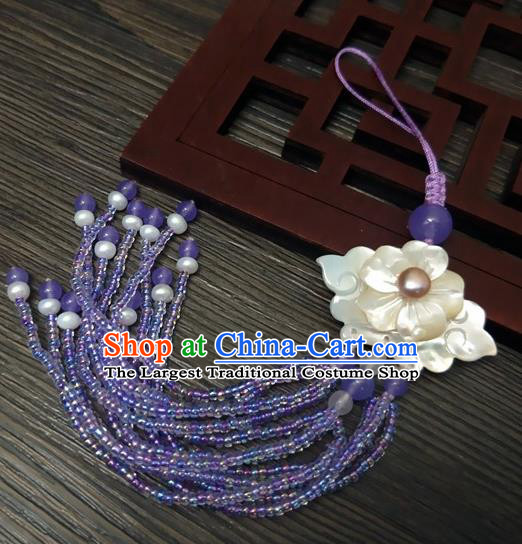 Traditional Chinese Ancient Palace Shell Flower Brooch Handmade Hanfu Breastpin Tassel Pendant for Women