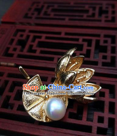 Traditional Chinese Ancient Palace Golden Lotus Brooch Handmade Hanfu Breastpin Pendant for Women