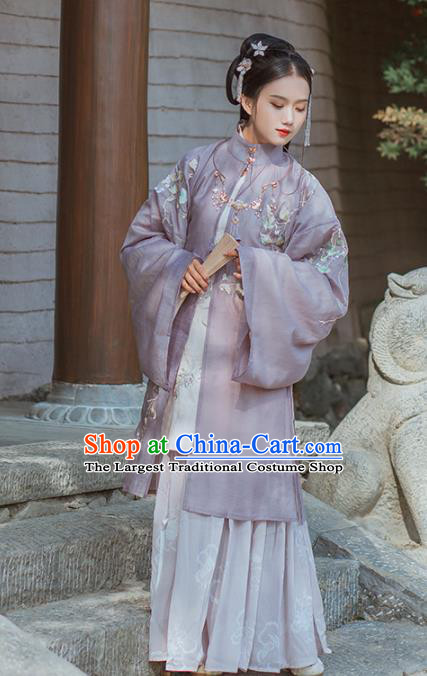 Chinese Ming Dynasty Nobility Dowager Historical Costume Traditional Ancient Purple Embroidered Hanfu Dress for Women