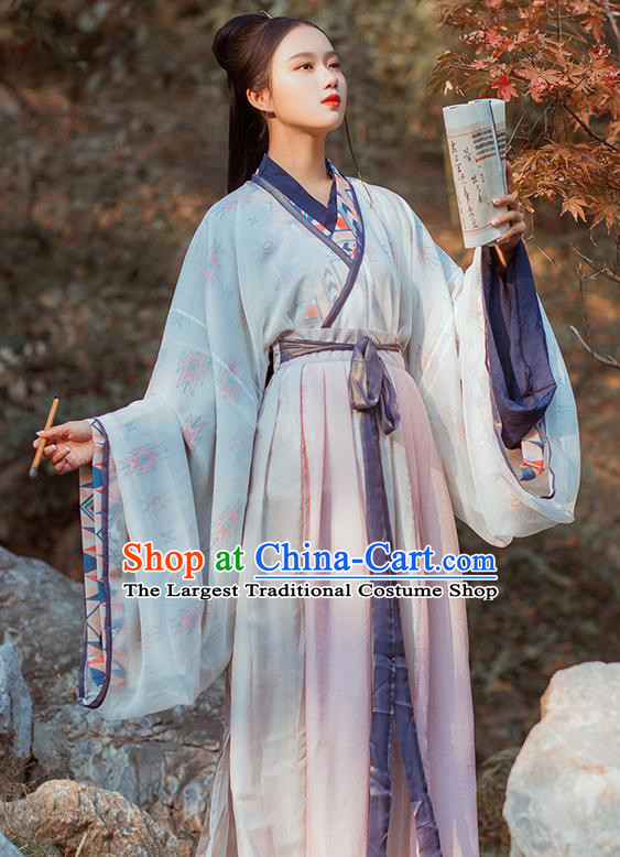 Chinese Jin Dynasty Swordswoman Historical Costume Traditional Ancient Nobility Lady Embroidered Hanfu Dress for Women