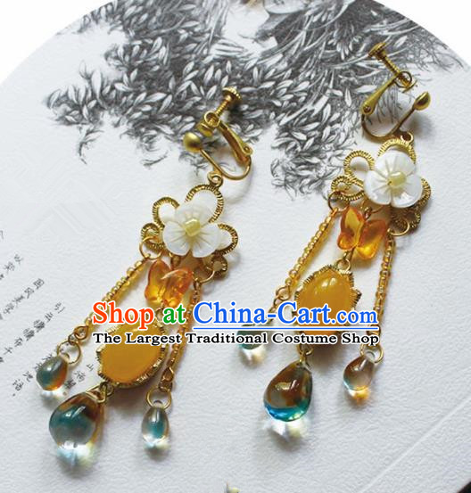 Handmade Chinese Ancient Princess Yellow Chalcedony Earrings Traditional Hanfu Jewelry Accessories for Women