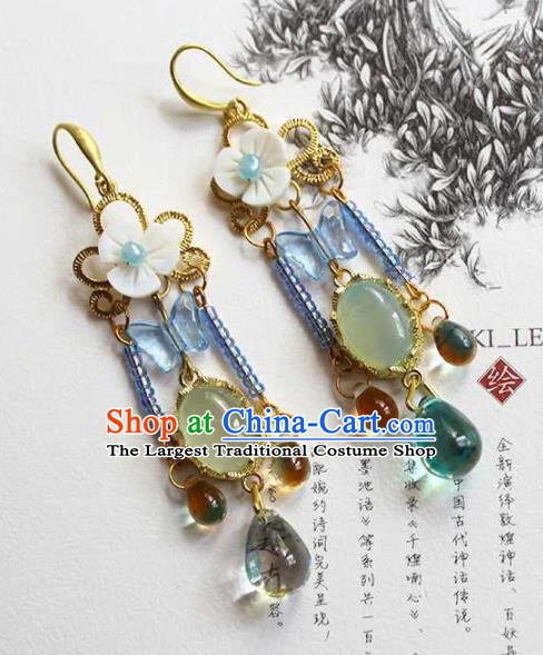 Handmade Chinese Ancient Princess Green Chalcedony Earrings Traditional Hanfu Jewelry Accessories for Women