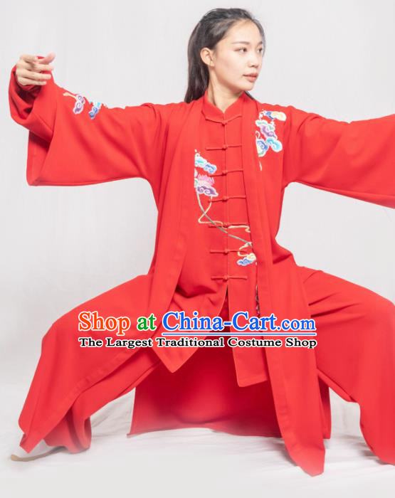 Traditional Chinese Martial Arts Embroidered Colorful Cloud Red Costume Professional Tai Chi Competition Kung Fu Uniform for Women