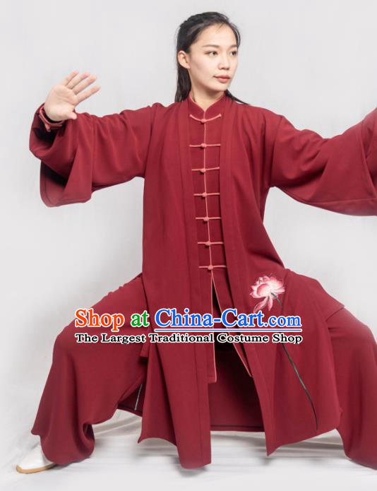 Traditional Chinese Martial Arts Embroidered Lotus Wine Red Costume Professional Tai Chi Competition Kung Fu Uniform for Women