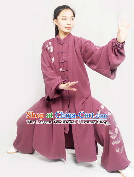 Traditional Chinese Martial Arts Embroidered Ginkgo Purple Costume Professional Tai Chi Competition Kung Fu Uniform for Women