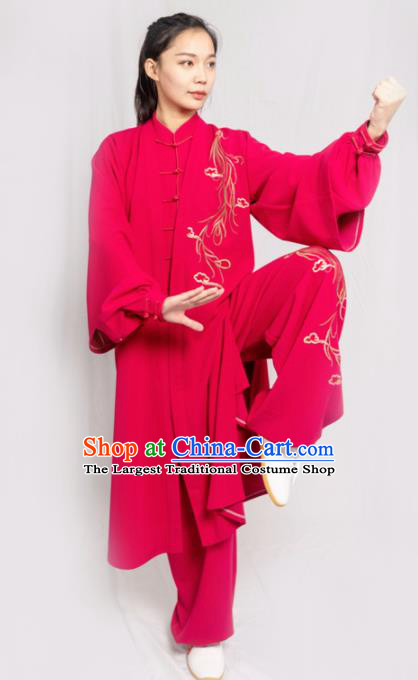 Traditional Chinese Martial Arts Embroidered Rosy Costume Professional Tai Chi Competition Kung Fu Uniform for Women