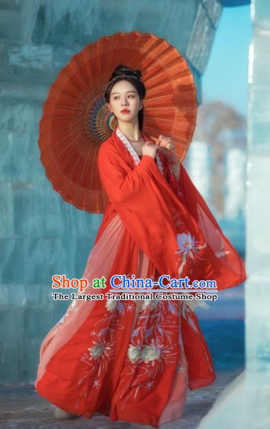 Chinese Traditional Wedding Historical Costume Ancient Song Dynasty Court Princess Embroidered Red Hanfu Dress for Women