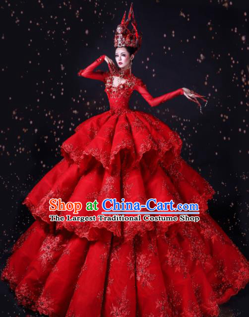 Handmade Modern Fancywork Cosplay Queen Red Full Dress Halloween Stage Show Fancy Ball Costume for Women