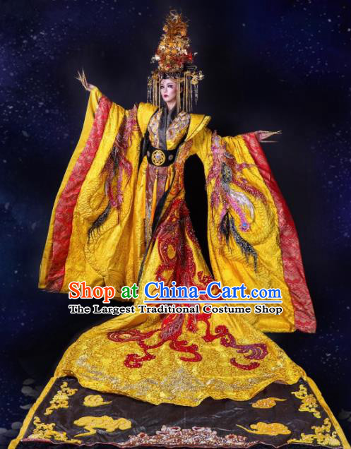 Traditional Chinese Cosplay Queen Golden Costume Stage Show Modern Fancywork Dress for Women