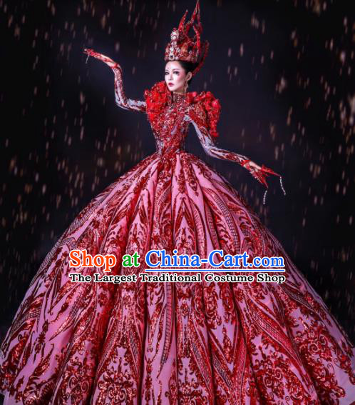 Handmade Modern Fancywork Cosplay Queen Red Full Dress Halloween Stage Show Fancy Ball Costume for Women