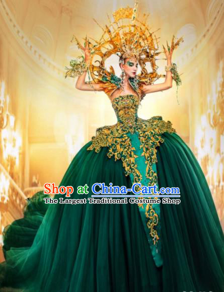 Handmade Modern Fancywork Cosplay Witch Green Full Dress Halloween Stage Show Fancy Ball Costume for Women