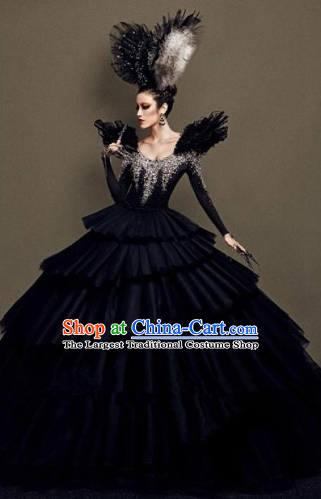 Handmade Modern Fancywork Cosplay Queen Black Veil Full Dress Halloween Stage Show Fancy Ball Costume for Women