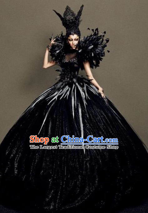 Handmade Modern Fancywork Cosplay Black Feather Full Dress Halloween Stage Show Fancy Ball Costume for Women