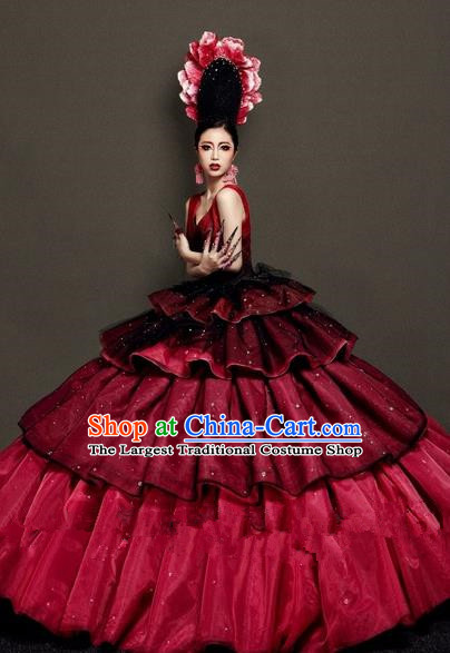 Handmade Modern Fancywork Cosplay Wine Red Full Dress Halloween Stage Show Fancy Ball Costume for Women