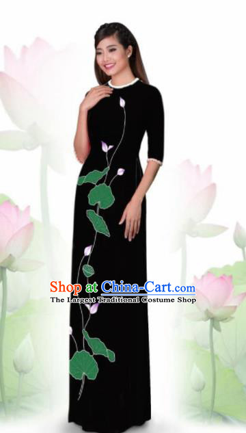 Vietnam Traditional National Costume Printing Lotus Black Ao Dai Dress Asian Vietnamese Cheongsam for Women