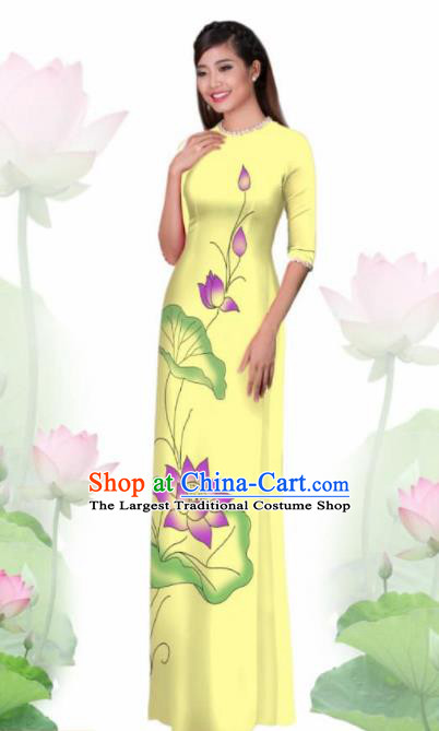 Vietnam Traditional National Costume Printing Lotus Yellow Ao Dai Dress Asian Vietnamese Cheongsam for Women