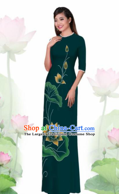 Vietnam Traditional National Costume Printing Lotus Green Ao Dai Dress Asian Vietnamese Cheongsam for Women