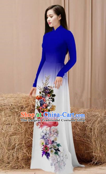 Vietnam Traditional National Costume Printing Flamingo Flowers Royalblue Ao Dai Dress Asian Vietnamese Cheongsam for Women