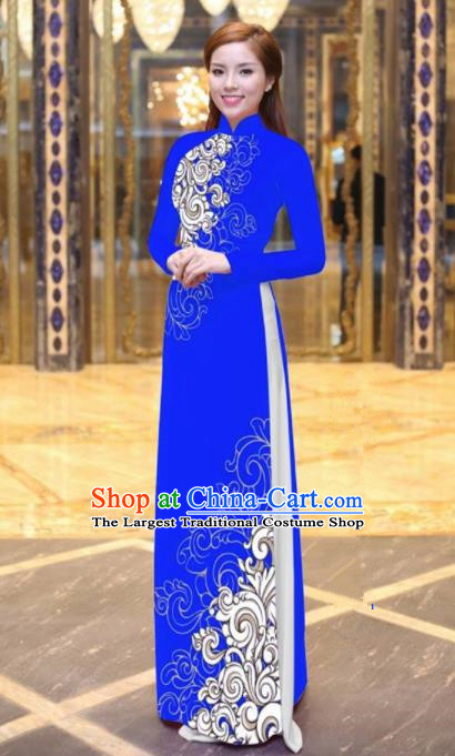 Vietnam Traditional Court Costume Printing Royalblue Ao Dai Dress Asian Vietnamese Cheongsam for Women